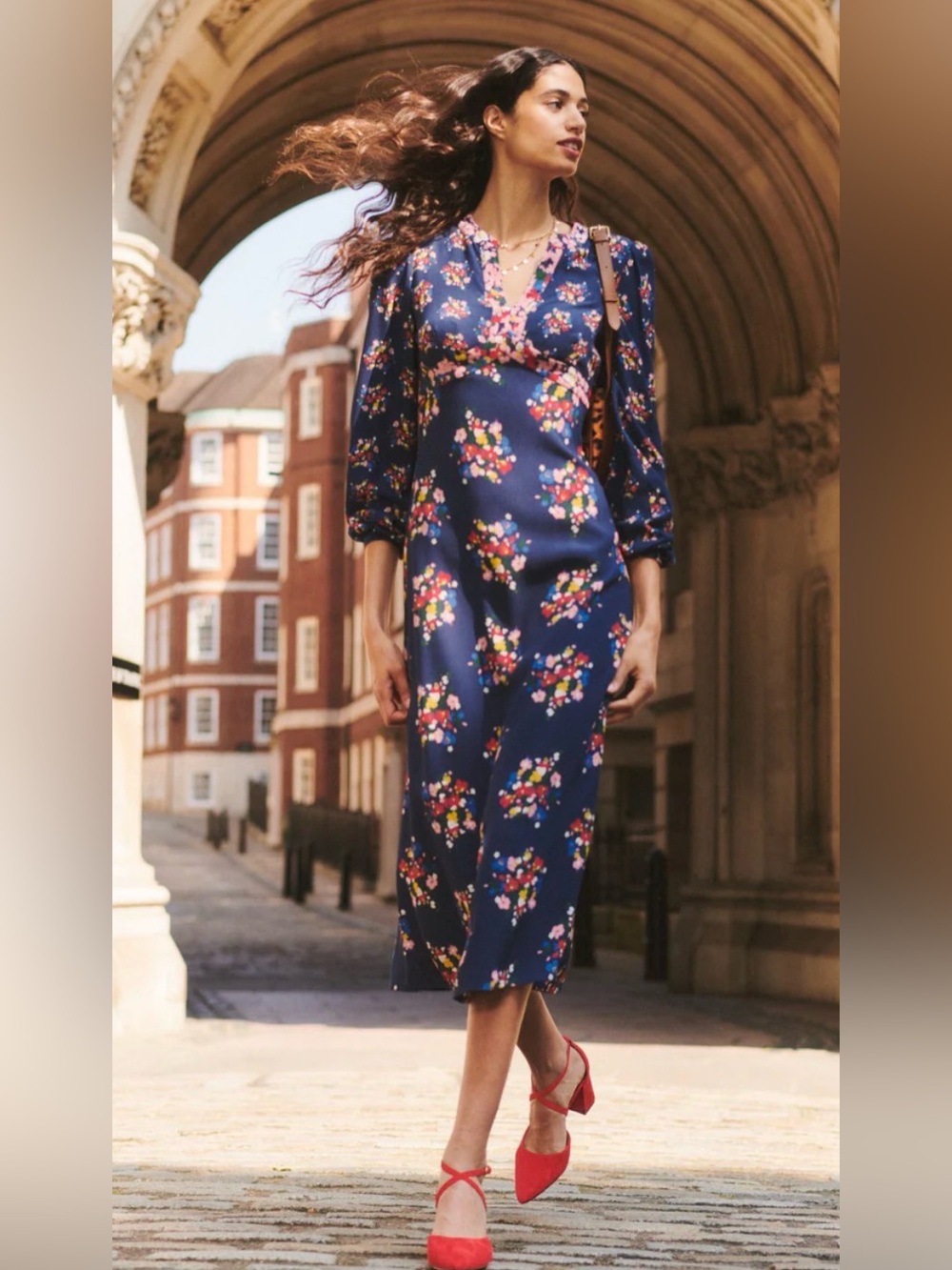 Boden Imelda Border Print Midi Dress French Navy, Poppy Bouquet R12 Floral - Picture 4 of 15